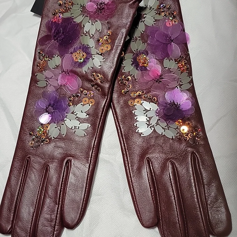 NEW Echo Leather Gloves Embellished Sequins Beaded Cashmere Wool Touchscreen
